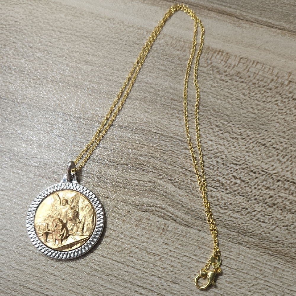 Vintage St Christopher Medallion Gold & Silver Tone Pendant Necklace Religious
